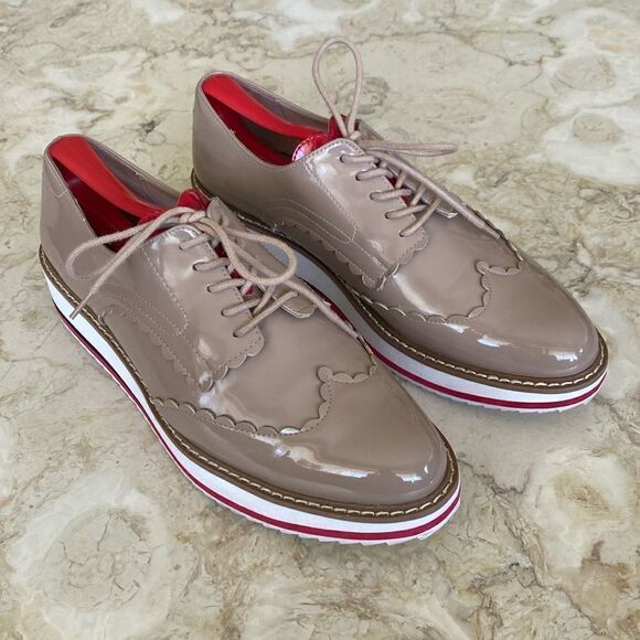 Zara Oxfords Tan Nude Patent Leather Red Heart Tongue Platform Wingtip Shoes - Picture 3 of 14